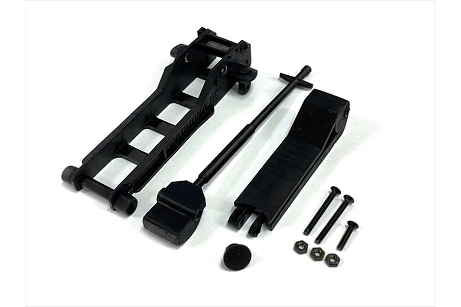 A disassembled black plastic 1/10 scale floor jack kit for RC cars, including the main frame, handle, lifting arm, and small hardware components.