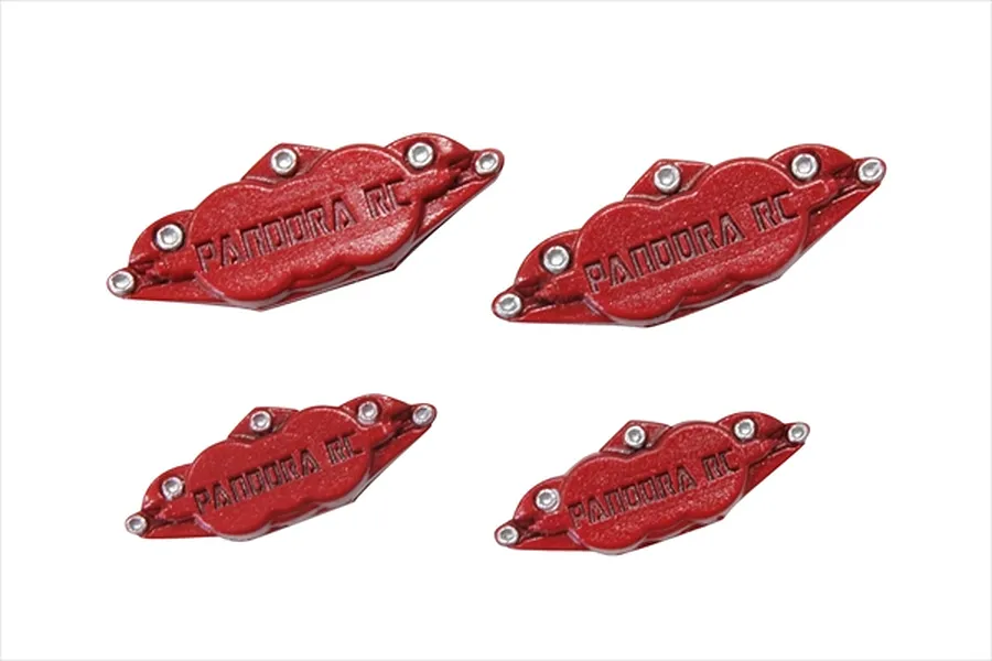Four red Pandora RC branded brake caliper accessories for 1/10 scale RC cars, arranged on a white background.