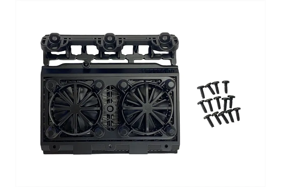 A black plastic Pandora RC 1/10 scale radiator assembly with dual fan detail and a set of small mounting screws on a white background.