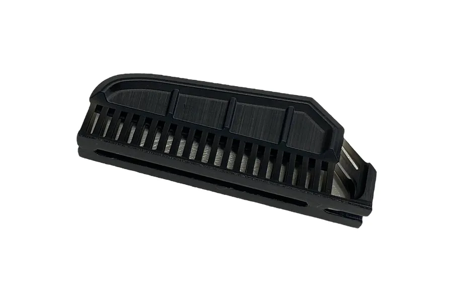 A black plastic Type B fender duct accessory for 1/10 scale RC car bodies, shown from a high angle against a white background.