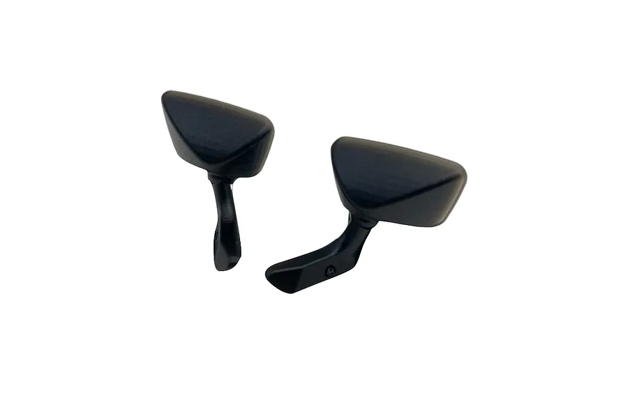 Two black plastic side-view mirrors for a 1/10 scale RC car body shell, shown against a plain white background.