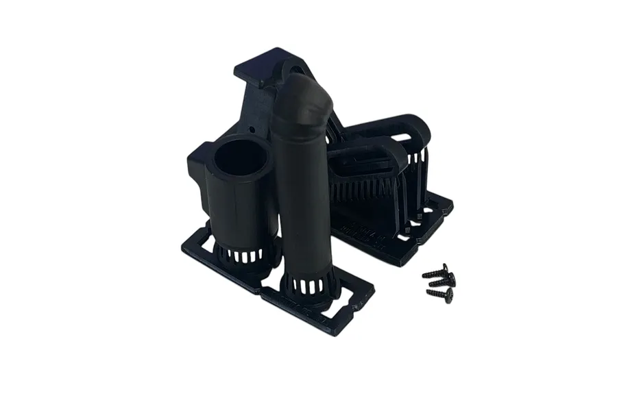 Black plastic RC car muffler parts and small mounting screws on a white background.
