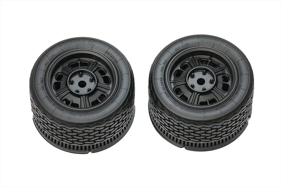 Two black Pandora RC 2000GT scale display wheels with detailed tread and molded sidewall text against a white background.