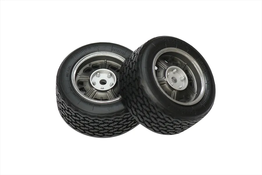 Two Pandora RC 2000GT scale display wheels with black rubber tires and silver multi-spoke rims isolated on a white background.