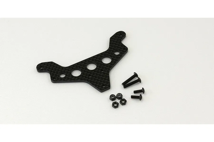 Kyosho carbon fibre rear shock tower with included black screws and nuts on a white background.