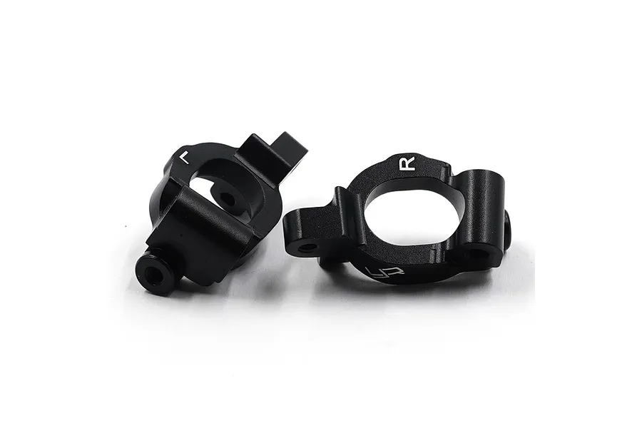 Two black anodized aluminium steering hubs for RC cars, marked with L and R for left and right orientation.