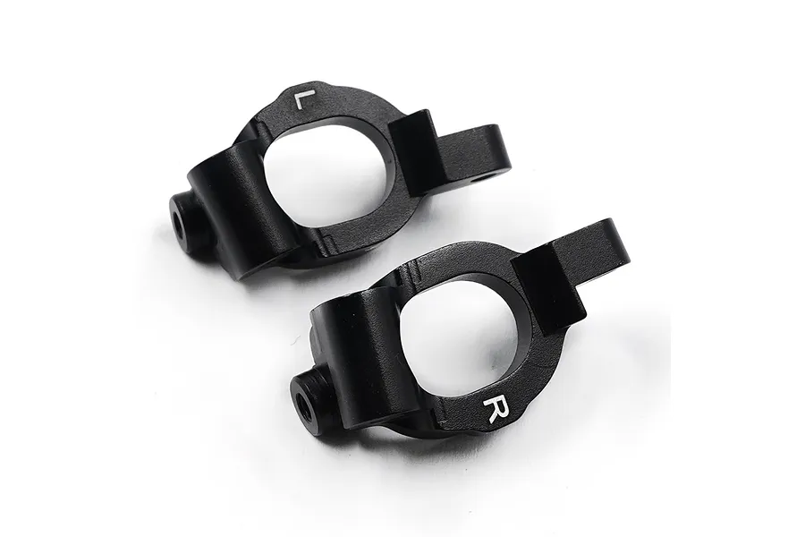 A pair of black anodized aluminium RC steering hubs marked with L and R for left and right orientation.
