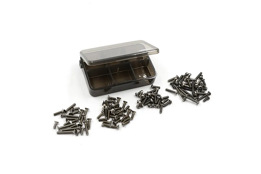 A Yeah Racing titanium screw set including a partitioned plastic storage box and various sizes of metal screws arranged in piles on a white background.