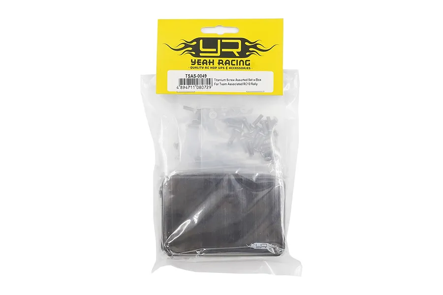 Yeah Racing titanium screw set for Team Associated RC10 Rally in a clear plastic bag with a yellow header card.