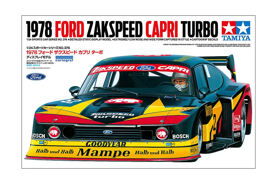 Box art for Tamiya 1/24 scale 1978 Ford Zakspeed Capri Turbo model kit showing a black, yellow, and red racing car with Mampe and Bosch branding.