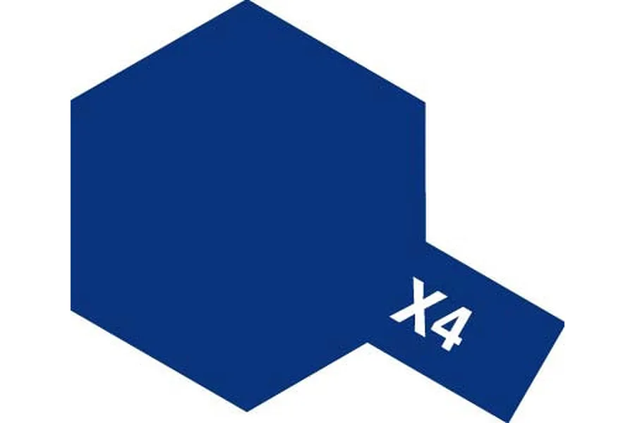 A graphic icon representing Tamiya X-4 Blue Gloss Enamel paint, featuring a blue hexagon shape with a rectangular tab extending from the bottom right labeled X4.