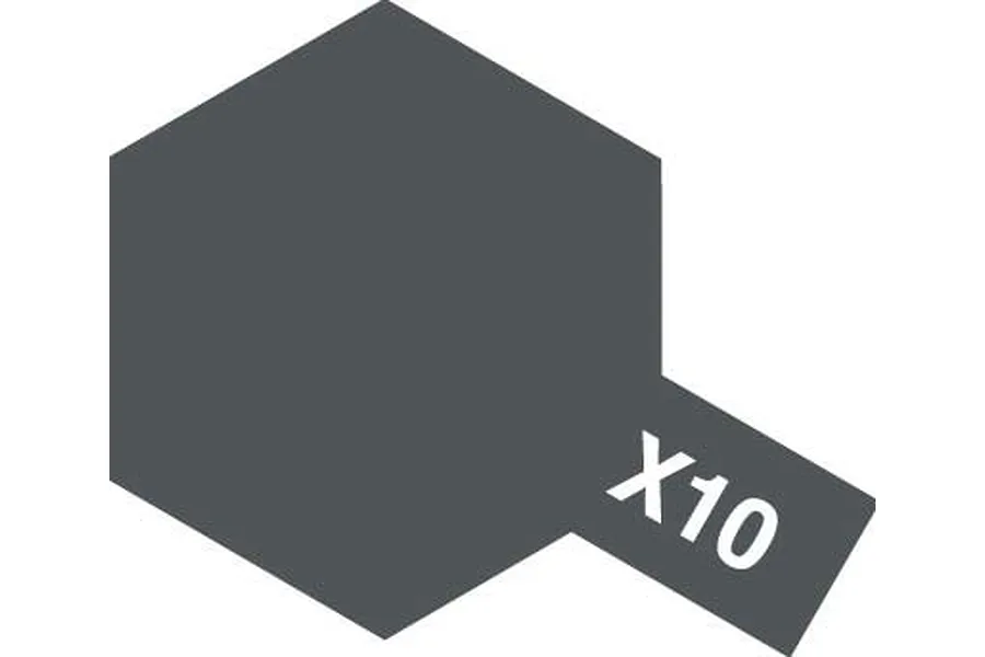 A graphic representation of the Tamiya X-10 Gun Metal paint label, featuring a dark grey hexagon with a small rectangular tab labeled X10 in white text.