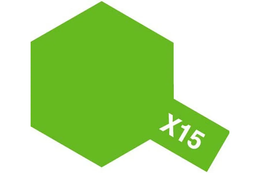 A graphic icon representing Tamiya X-15 Light Green paint, featuring a green hexagon with a small rectangular tab extending from the bottom right containing the text X15.