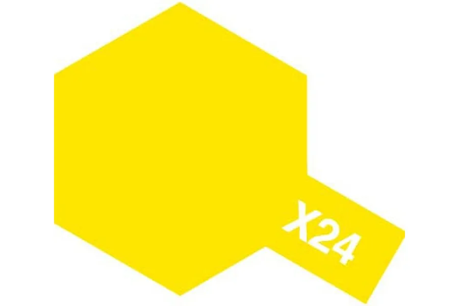 A yellow hexagonal graphic with the text X24 in white, representing Tamiya X-24 Clear Yellow paint.
