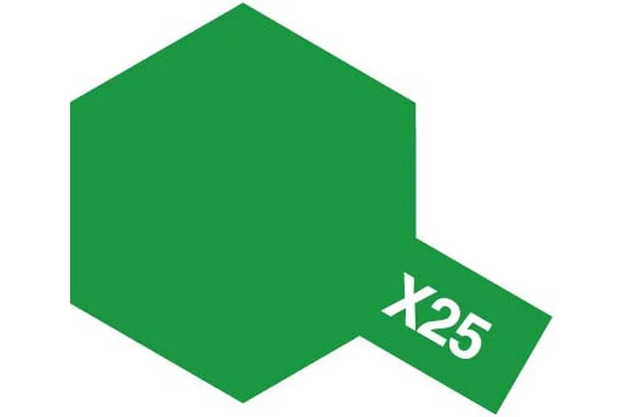 A graphic icon representing Tamiya X-25 paint, featuring a green hexagon with a small rectangular extension containing the white text X25.