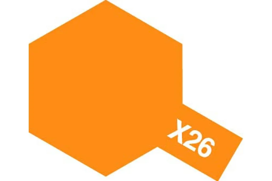 A graphic representation of the Tamiya X-26 Clear Orange paint label featuring a hexagon shape with the text X26.