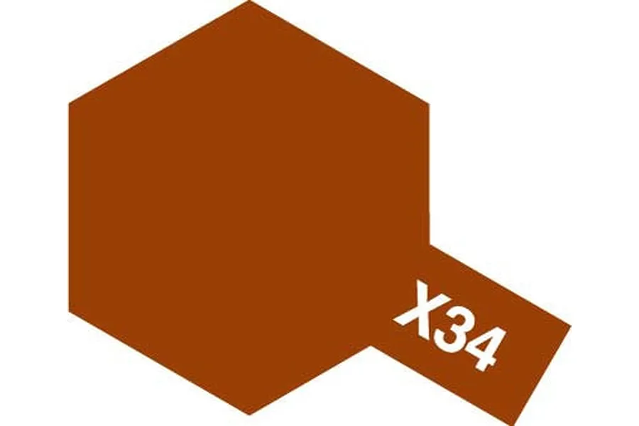 A graphic showing a brown hexagon with a small rectangular tab extending from the bottom right corner containing the white text X34.