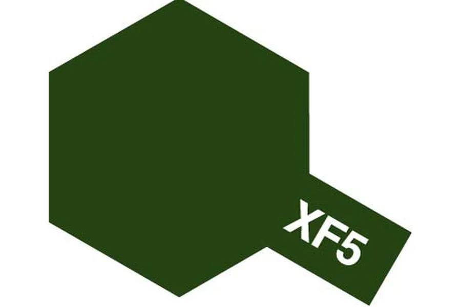 A graphic icon representing Tamiya XF-5 Flat Green paint, featuring a dark green hexagon with a small tab extending to the right containing the text XF5.