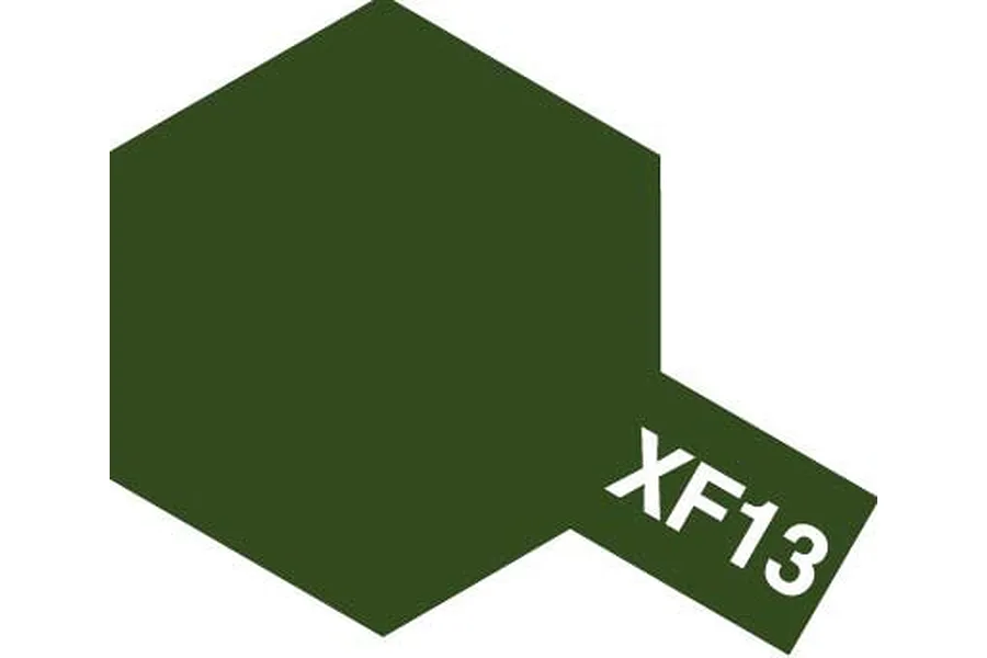 A digital swatch of Tamiya XF-13 J.A. Green paint, represented as a dark green hexagon with the code XF13 printed in white.