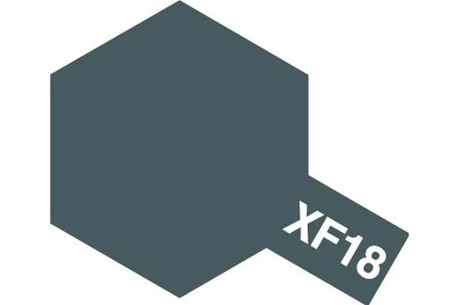A graphic showing a dark blue-grey hexagon with a small rectangular tab extending from the bottom right corner containing the white text XF18.