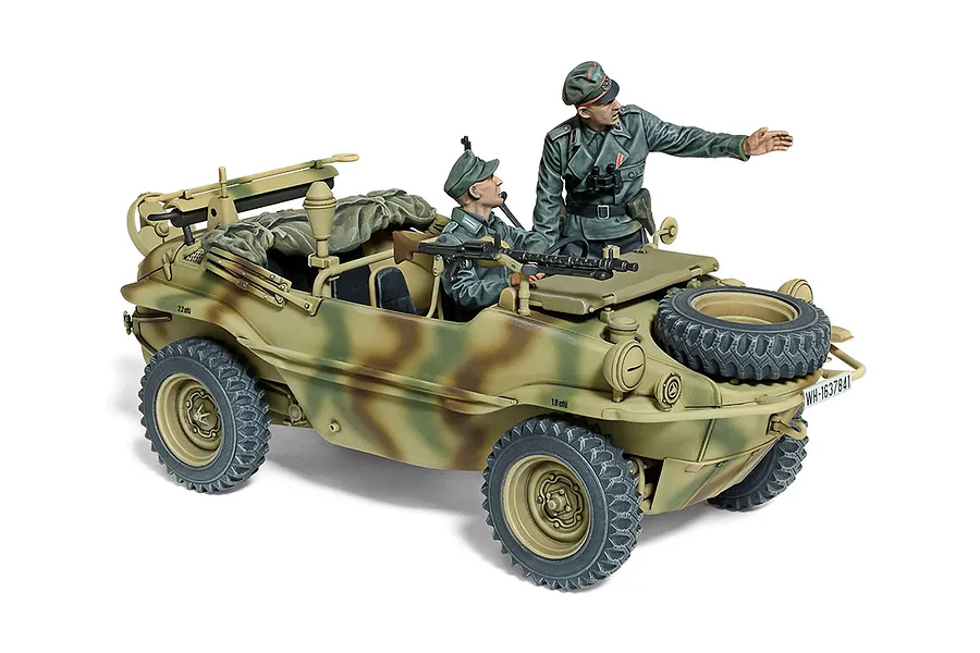 A fully assembled and painted 1/35 scale Tamiya German Schwimmwagen T166 model kit with two soldier figures, one driving and one standing.