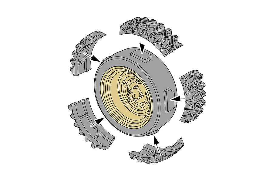 A technical diagram showing the assembly of a wide tire onto a model vehicle wheel hub, with four tread segments pointing toward the central wheel.