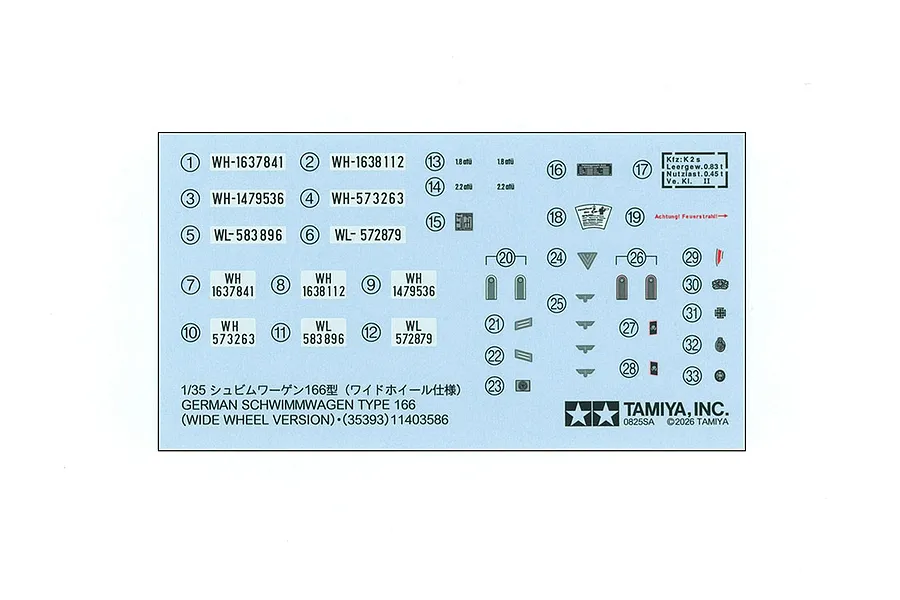 A decal sheet for the Tamiya 1/35 German Schwimmwagen Type 166 Wide Wheel Version model kit, featuring various military markings and text.