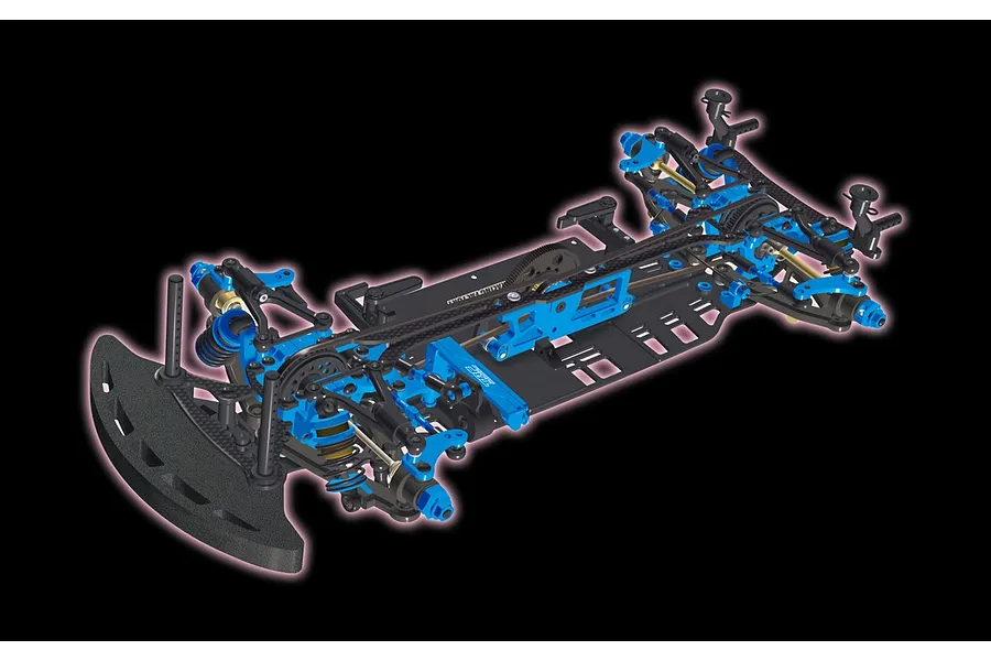 A high-angle studio shot of the Tamiya TRF421X 1/10 scale RC touring car chassis featuring blue anodized aluminum parts and carbon fiber components.