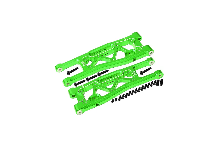 A pair of bright green anodized aluminium front suspension arms for an RC car, marked L and R, with included black screws and hardware.