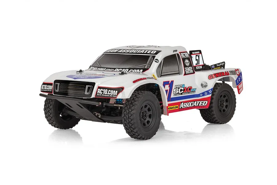 Team Associated Pro2 SC10sw RC short course truck in white with red and blue racing decals on a white background.