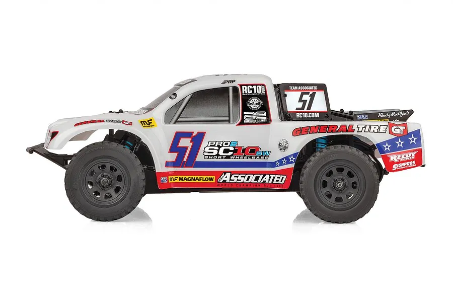 Side view of the Team Associated Pro2 SC10sw RC short course truck in white with number 51 livery and General Tire branding.