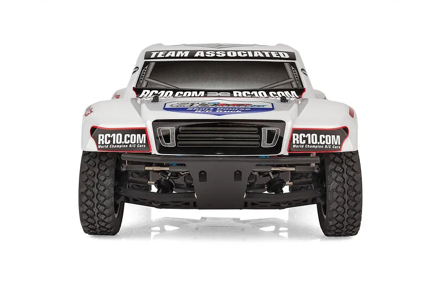 Front view of the Team Associated Pro2 SC10 white RC short course truck on a white background.