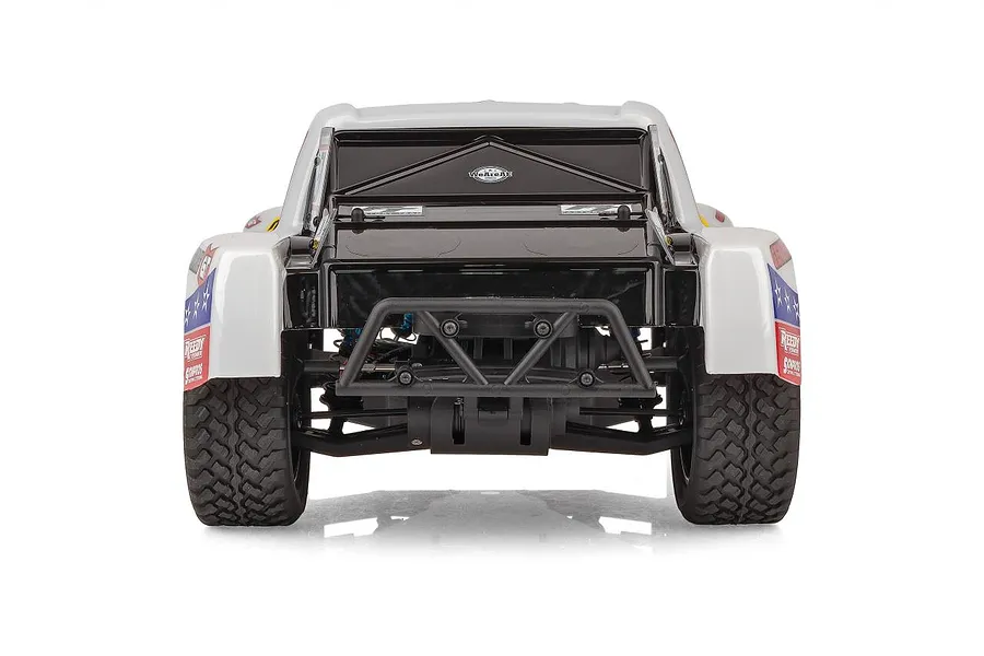 Rear view of the Team Associated Pro2 SC10sw RC short course truck, showing the rear bumper, bed, and off-road tires against a white background.