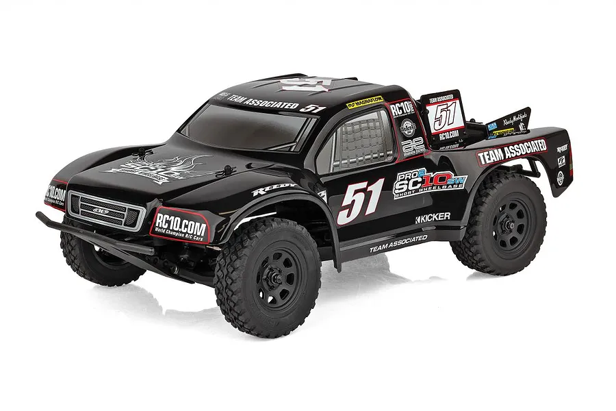 Team Associated Pro2 SC10sw 1/10 scale RC short course truck in black with racing decals and number 51.