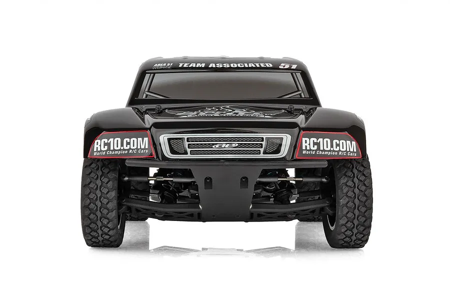 Front view of a black Team Associated Pro2 SC10 RC short course truck with sponsor decals on a white background.