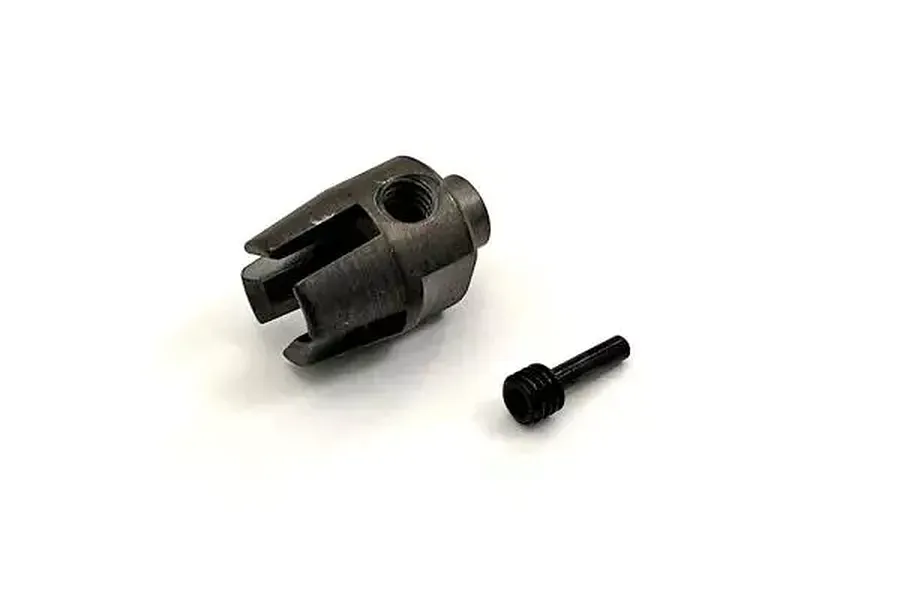 A Kyosho rear centre driveshaft cup and a small grub screw on a white background.
