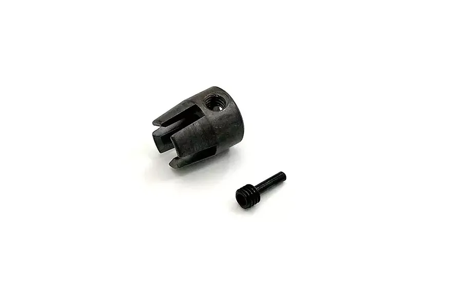 A Kyosho HD front centre driveshaft cup and a small grub screw on a white background.