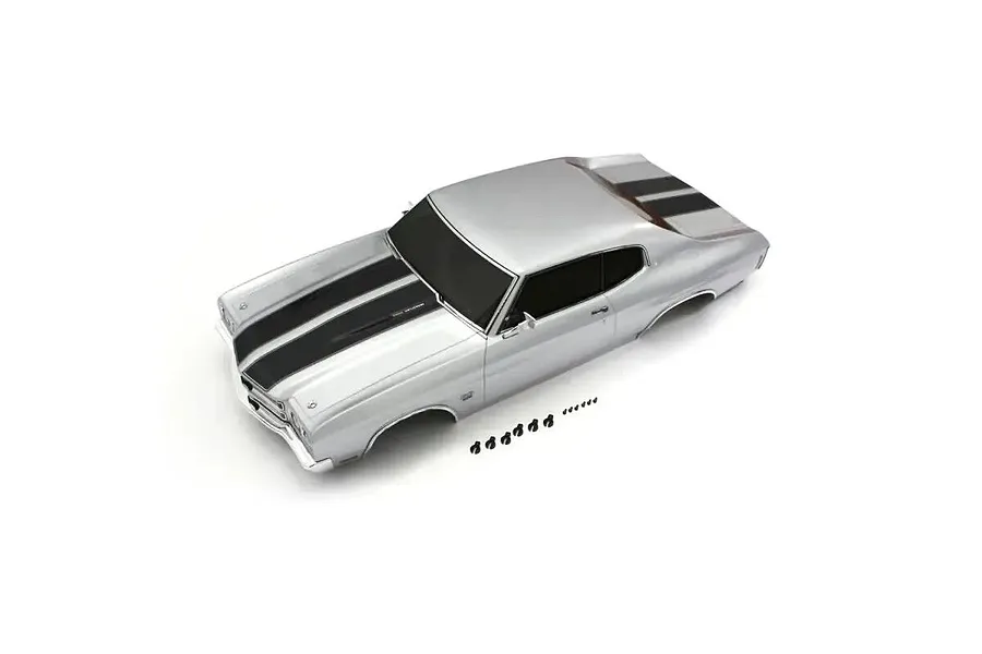 A silver Kyosho 1/10 scale Chevy Chevelle SS 454 RC car body shell with black racing stripes, shown from a high-angle view on a white background.