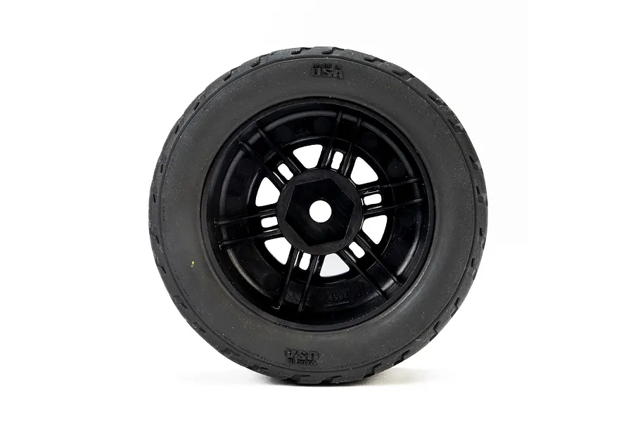 A single black RC car wheel with a multi-spoke rim and rubber tyre, viewed from the front against a white background.
