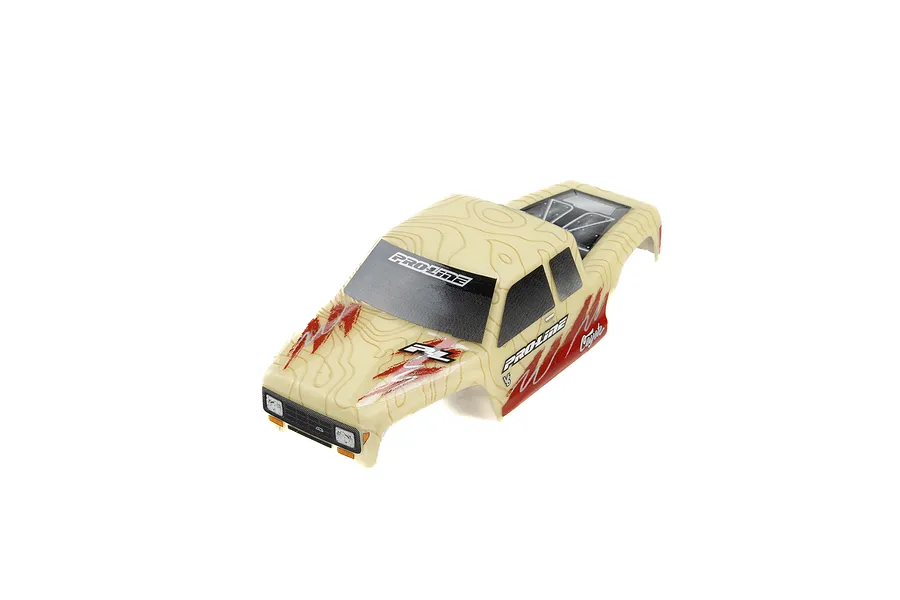 Pro-Line Coyote body shell for RC crawler, featuring a tan topographical map pattern and red racing graphics on a white background.