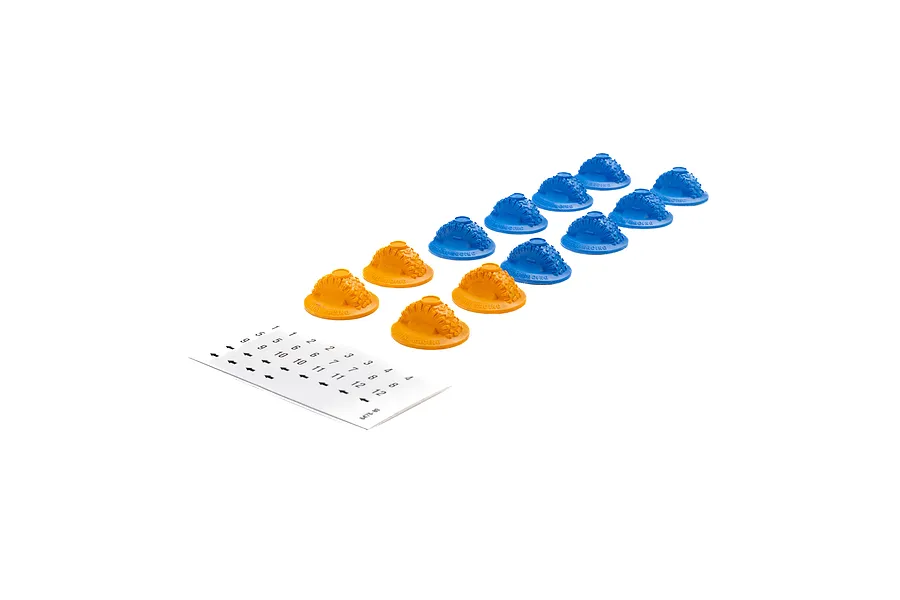 A set of 12 Pro-Line RC gate markers in blue and orange, shaped like miniature tires, with a sheet of numbered stickers on a white background.