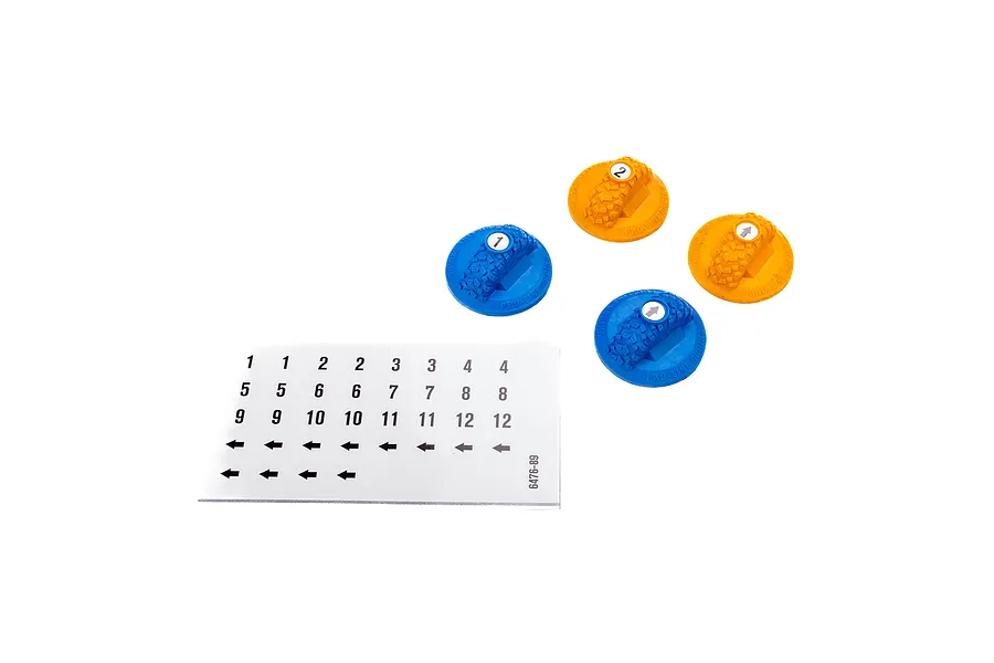 Pro-Line RC gate markers in blue and orange with a sticker sheet of numbers and arrows on a white background.