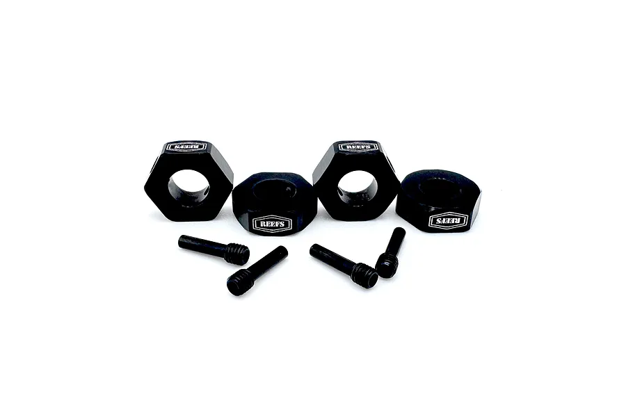 Four black Reefs RC aluminium 12mm wheel hexes with matching threaded pins, arranged on a white background.