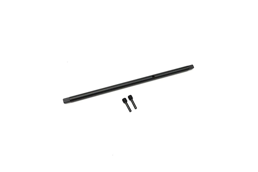 A black metal RC axle shaft and two small black grub screws isolated on a white background.