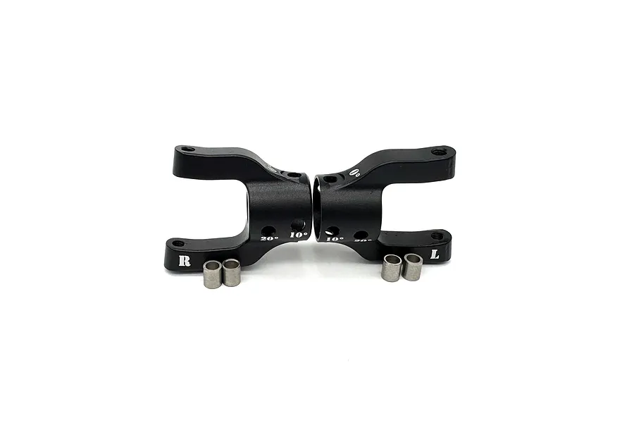 Two black aluminium portal steering hubs for RC cars, marked with R and L and degree indicators, with four small metal bushings.
