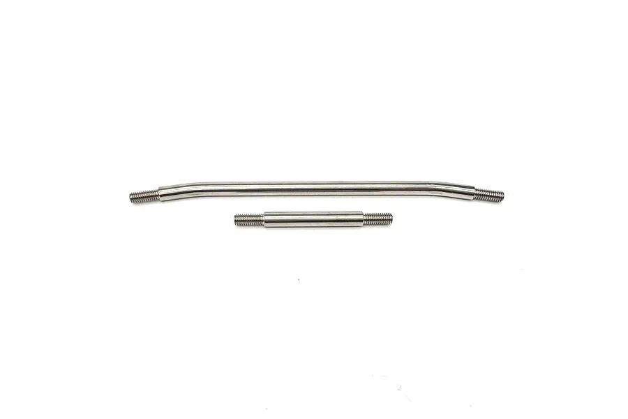 Two polished metal steering linkage rods for an RC vehicle, one long and curved, one short and straight, both with threaded ends.