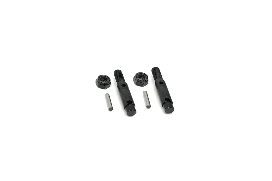 Two black portal wheel axle shafts, two black wheel nuts, and two small metal pins arranged on a white background.