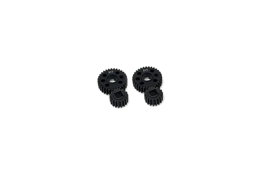 Two sets of black metal portal gears, each consisting of one large 31T gear and one smaller gear, isolated on a white background.
