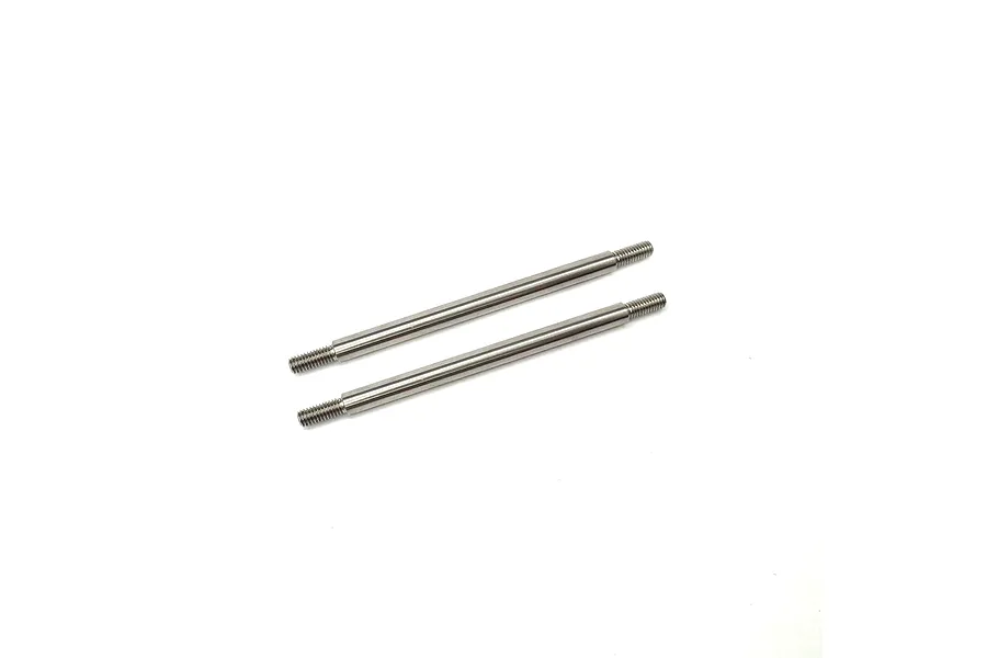 Two silver metal threaded suspension link rods for an RC car on a white background.