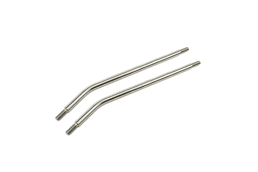 Two silver-coloured metal RC suspension links with a slight bend and threaded ends, isolated on a white background.